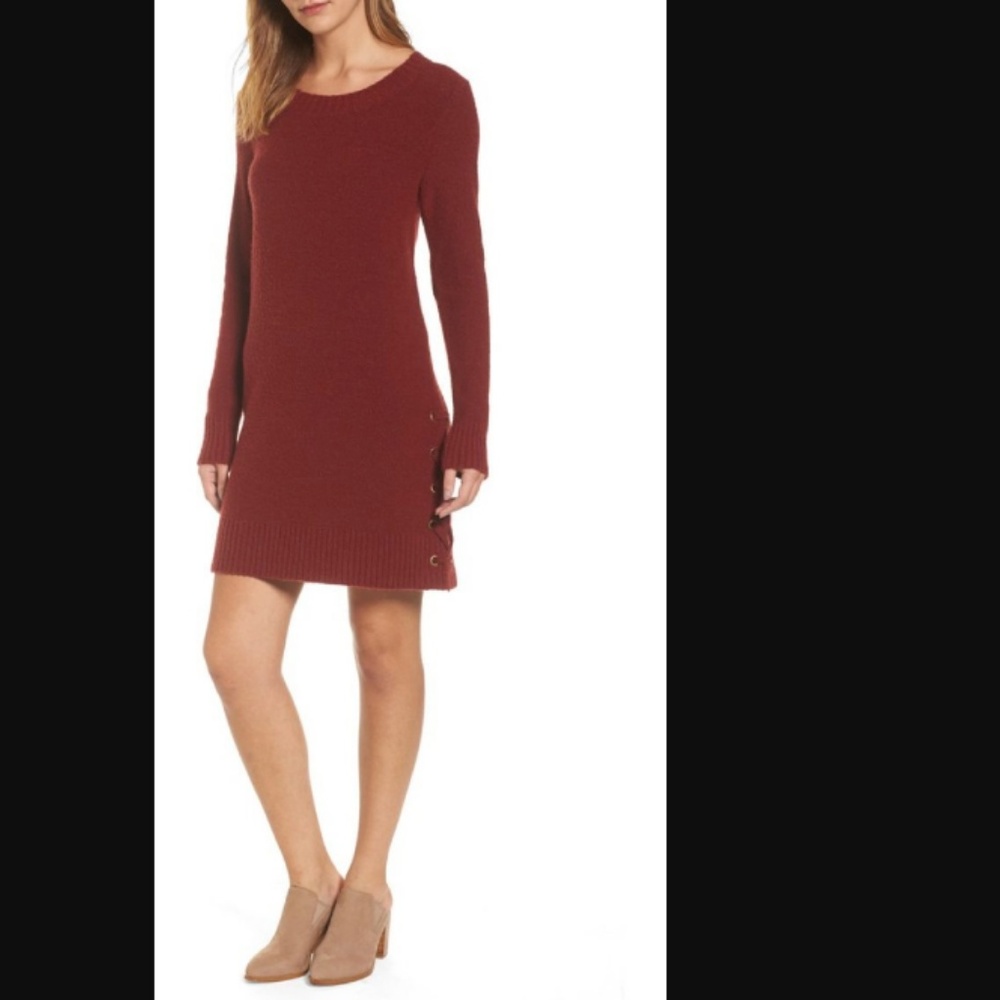 Lucky Brand Lace-Up Sweater Dress Long Slv Red - Picture 5 of 8